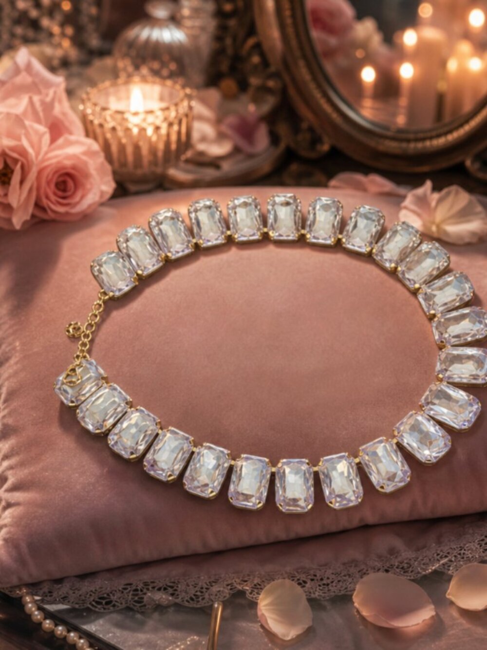 Clear Crystal Emerald Cut Statement Necklace Gold Tone Glam Jewelry